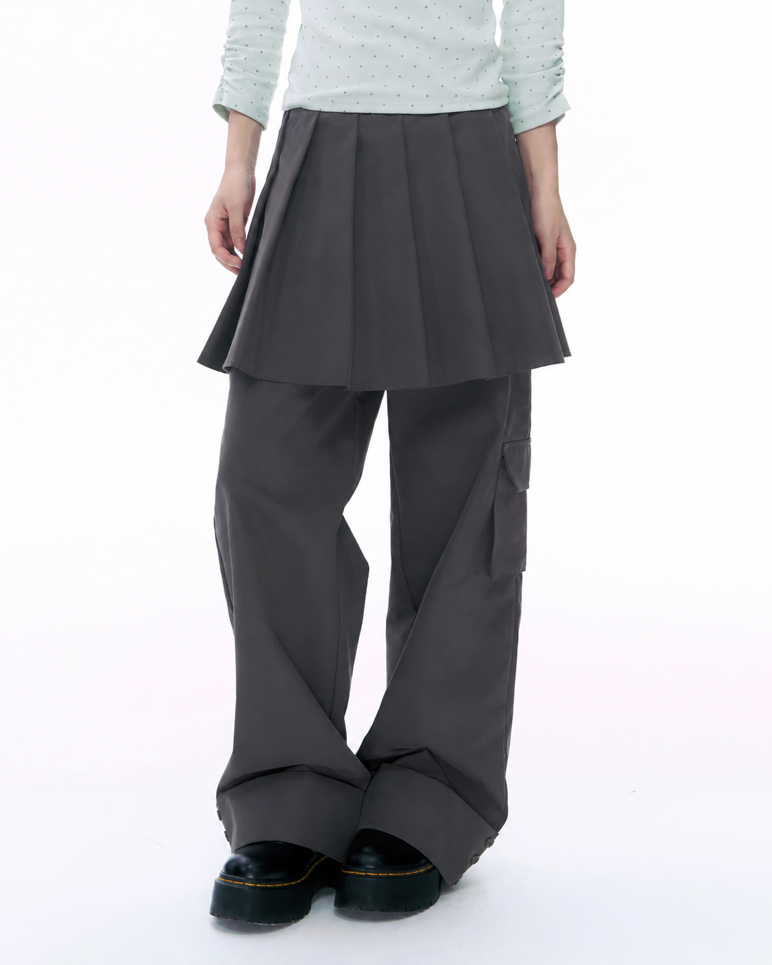 Pleated Skirt-Overlay Cargo Wide-Leg Pants