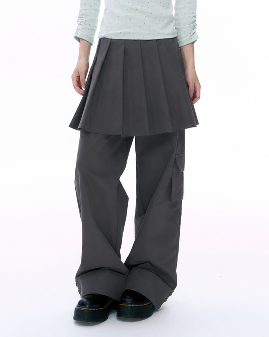 Pleated Skirt-Overlay Cargo Wide-Leg Pants