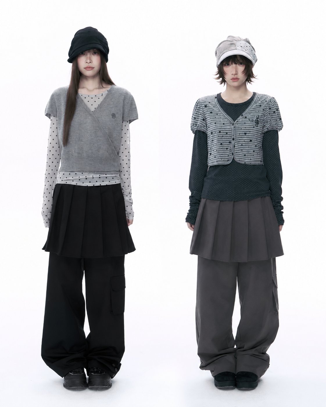 Pleated Skirt-Overlay Cargo Wide-Leg Pants