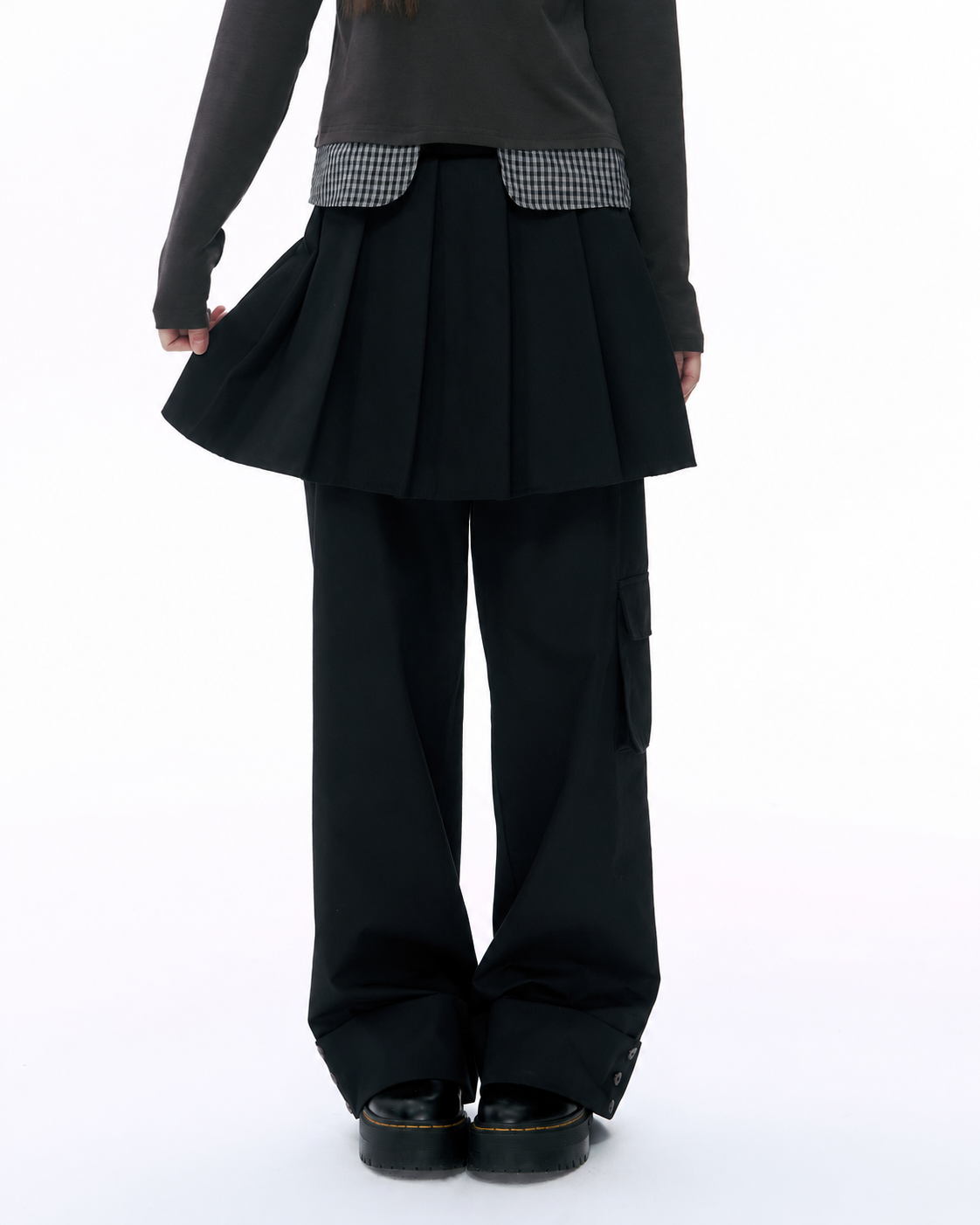 Pleated Skirt-Overlay Cargo Wide-Leg Pants