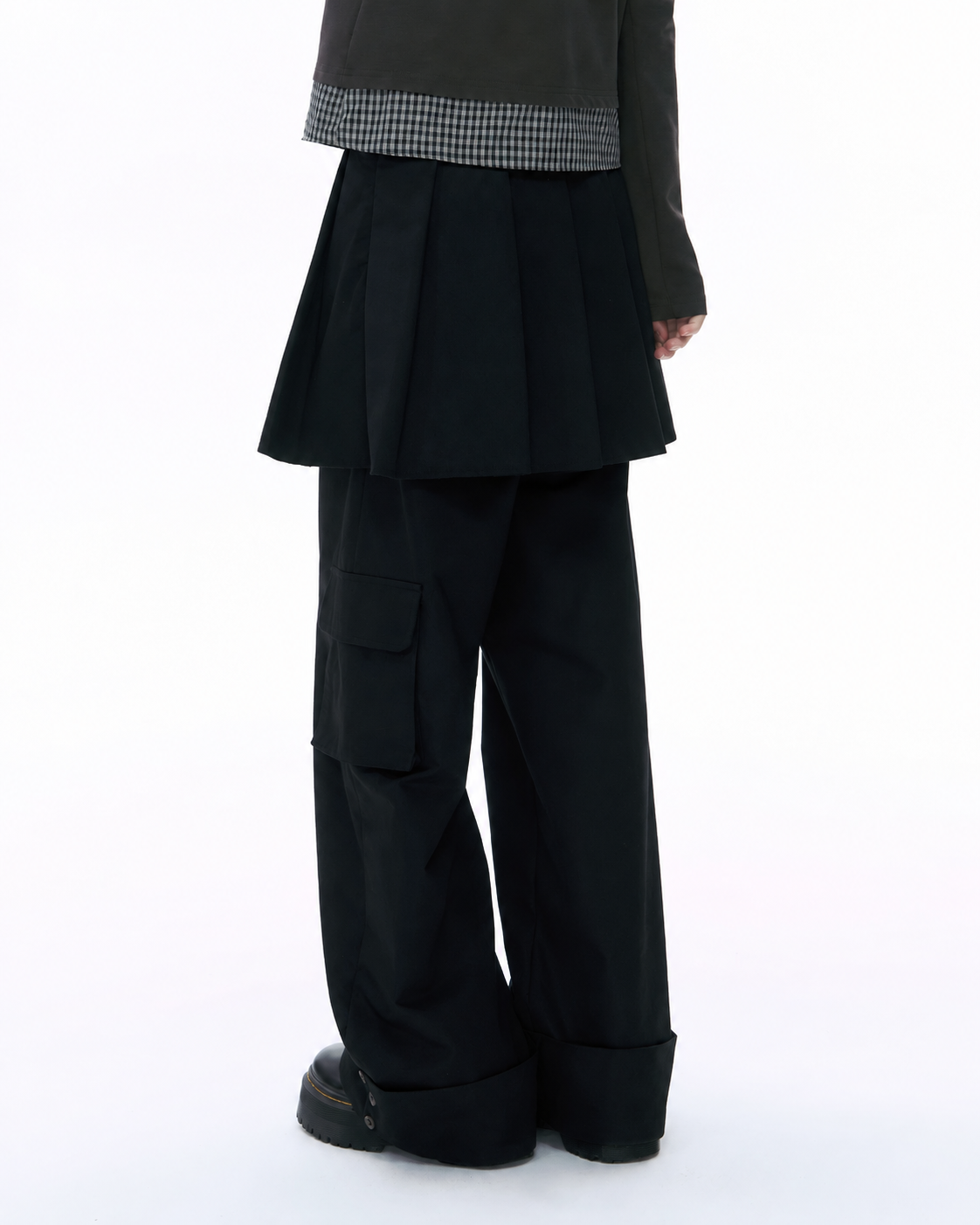 Pleated Skirt-Overlay Cargo Wide-Leg Pants