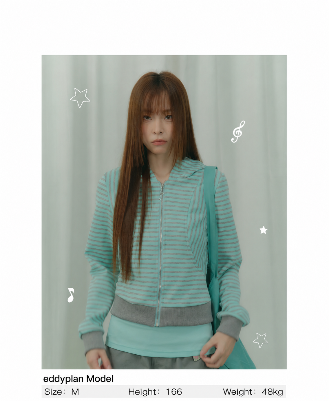 Mint Stripe Devil-Horn Zip-Up Hoodie