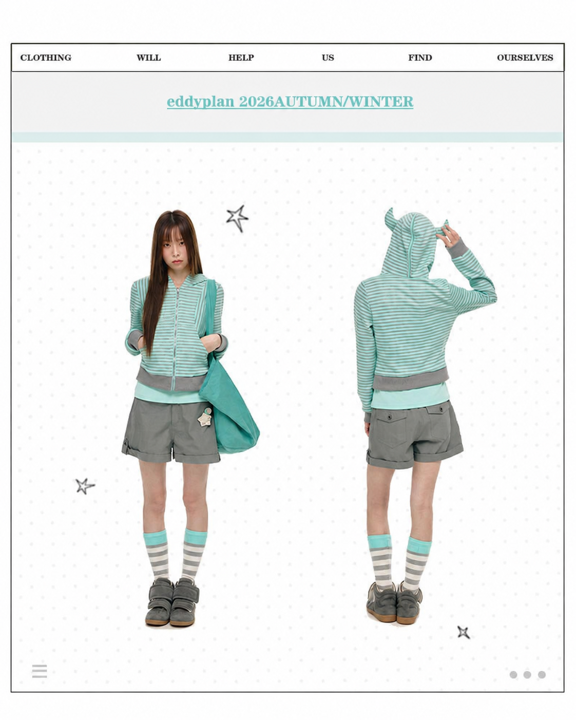 Mint Stripe Devil-Horn Zip-Up Hoodie