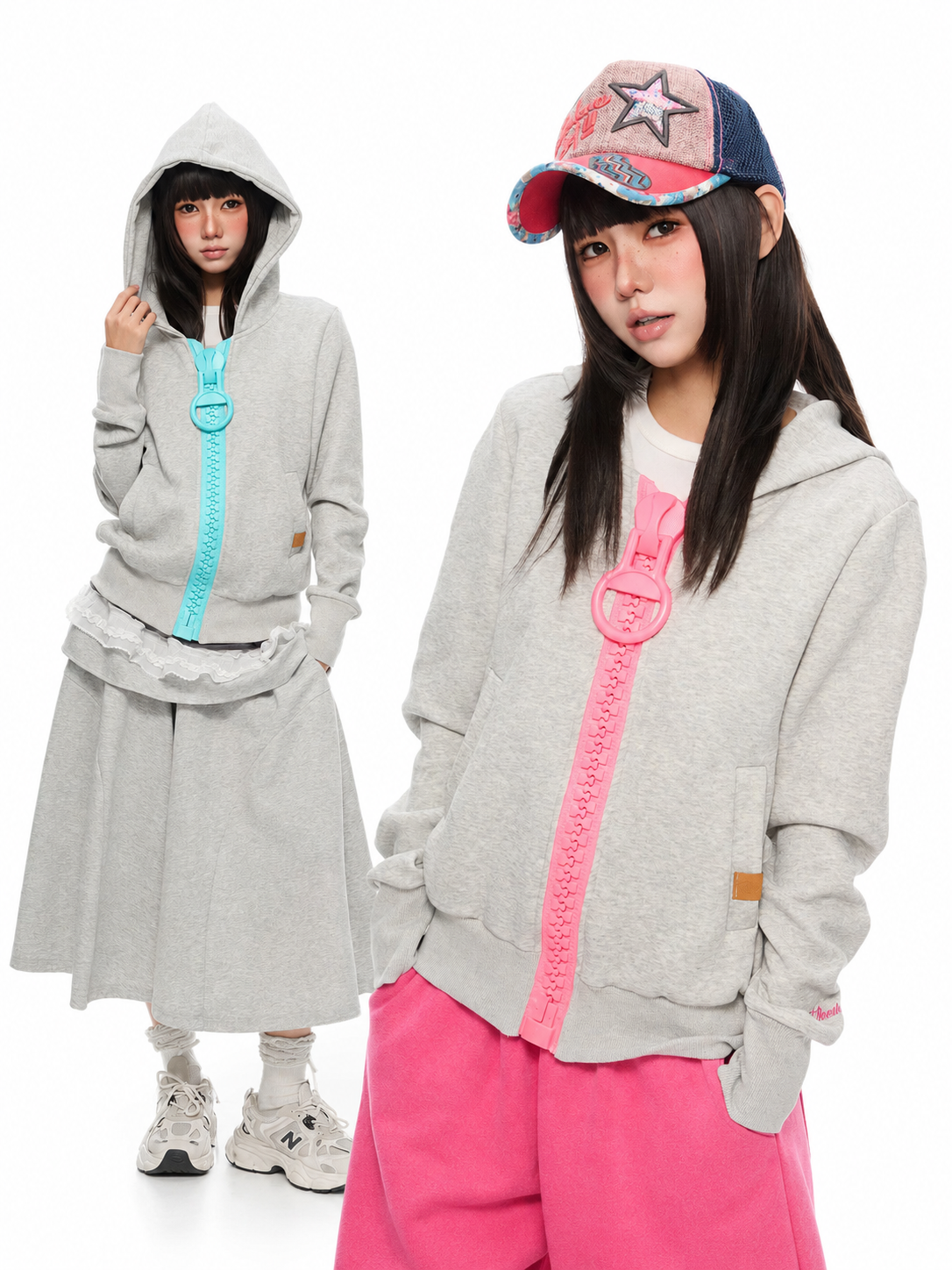 Oversized Contrast-Zip Hoodie