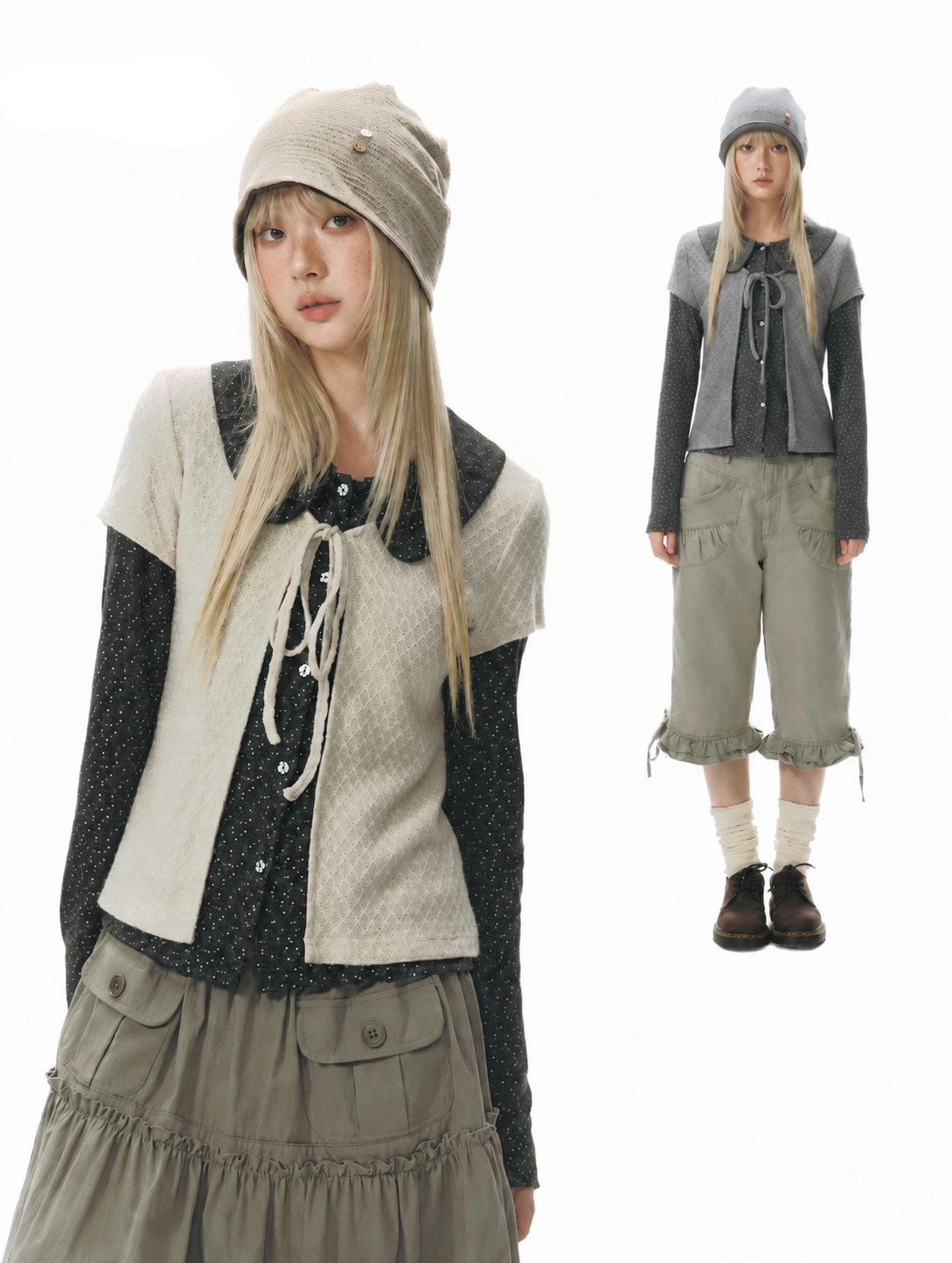 Doll-Collar Long Sleeve & Tie-Front Cardigan Set