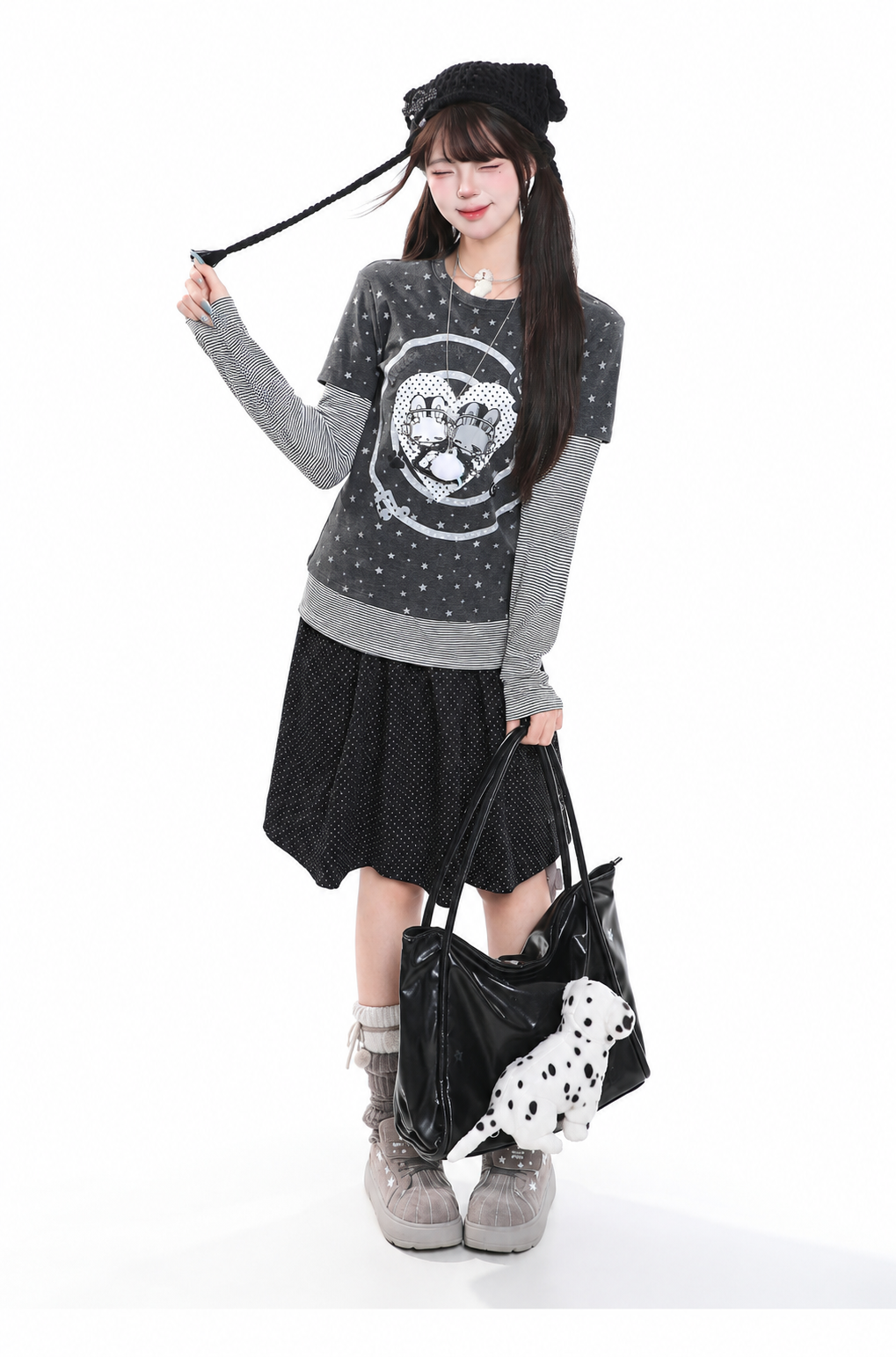 Cartoon Bunny Stripe Layered Long Sleeve Top & Black Polka-Dot Midi Skirt