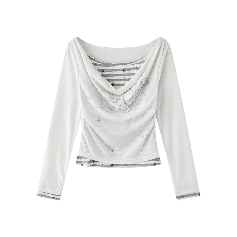 Star Stripe Cowl-Neck Faux-Layer Long Sleeve Top