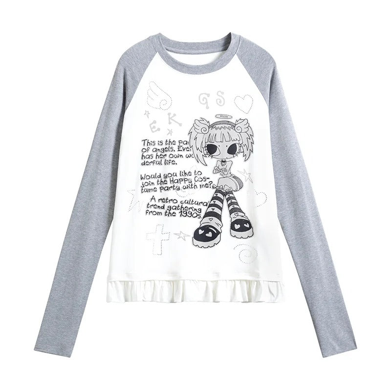 Angel Girl Graphic Raglan Ruffle Long Sleeve Top
