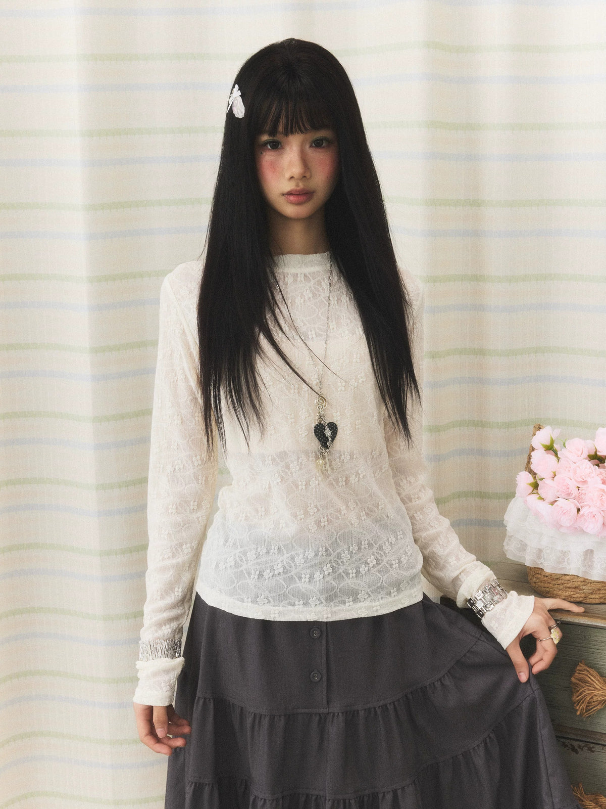 Floral Lace Long Sleeve & Jacquard Knit Short Sleeve Top