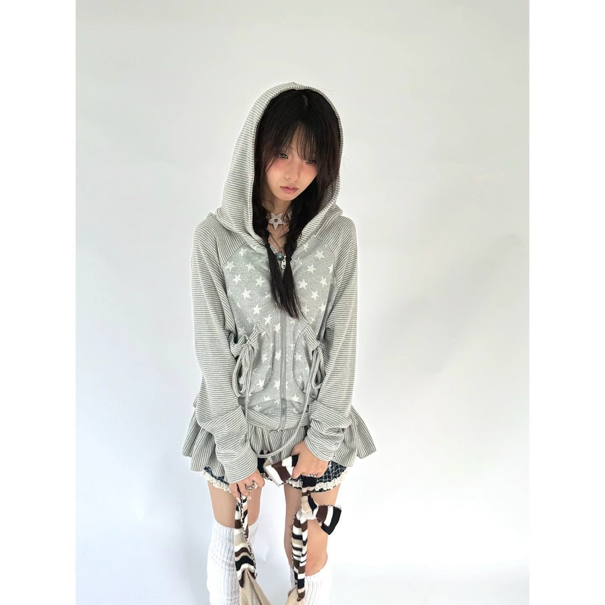Star Ruffle Drawstring Zip-Up Hoodie