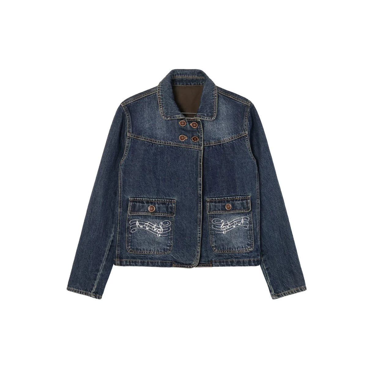 Washed Denim Music-Note Embroidered Jacket
