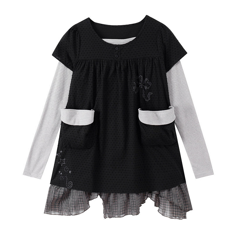 Swiss Dot Faux-Layered Long Sleeve Tunic Dress