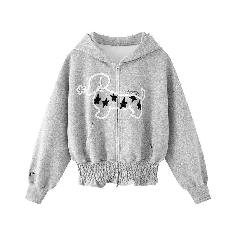 Star Puppy Smocked-Waist Zip-Up Hoodie