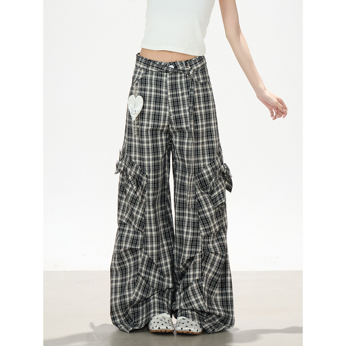 Bow Plaid Cargo Wide Leg Pants