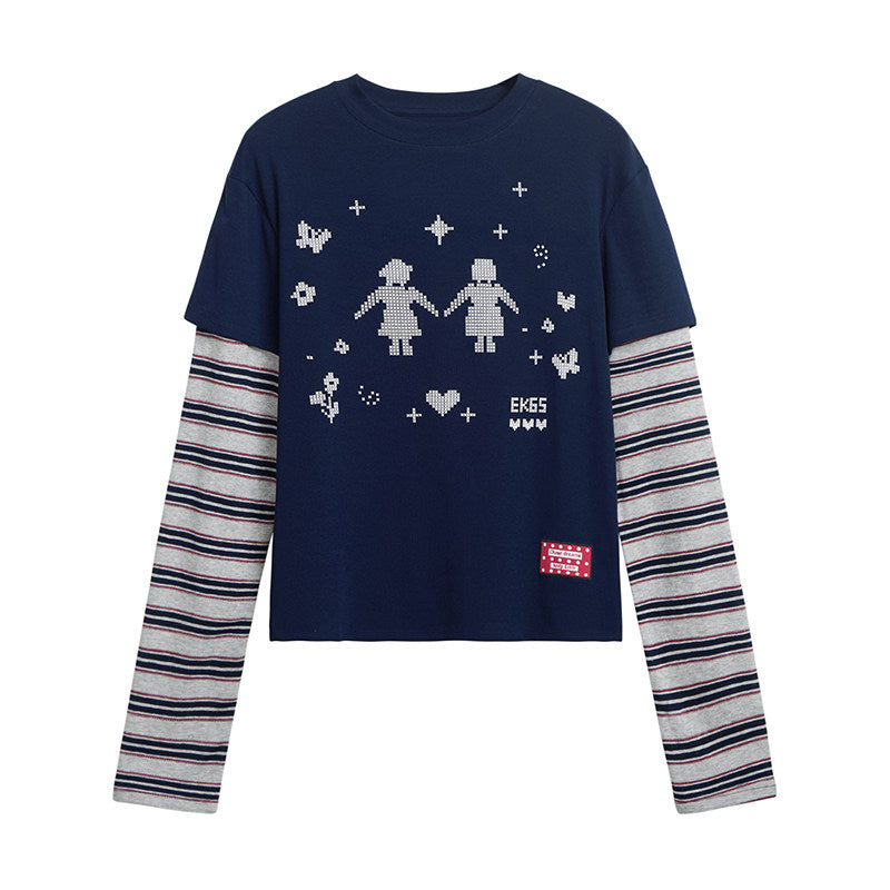 Navy Pixel Girl Stripe Faux-Layer Long-Sleeve Tee