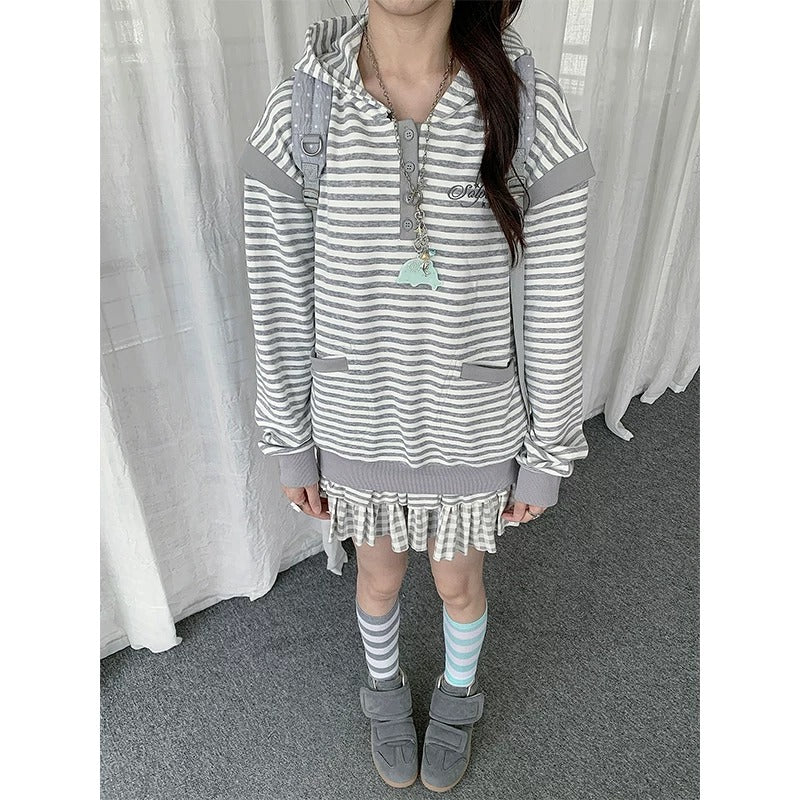Striped Half-Placket Hooded Pullover