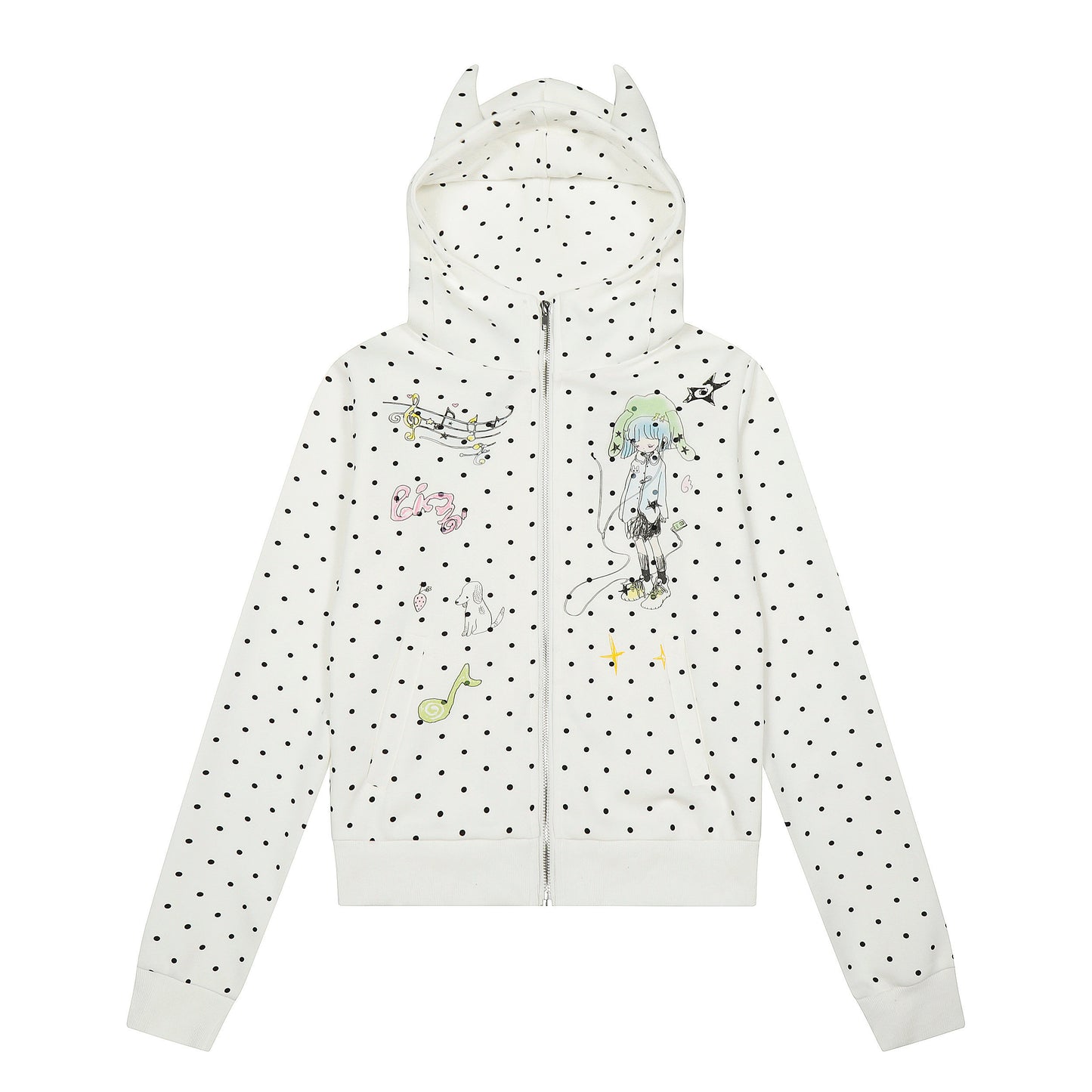 Polka Dot Devil-Horn Cartoon Girl Zip Hoodie