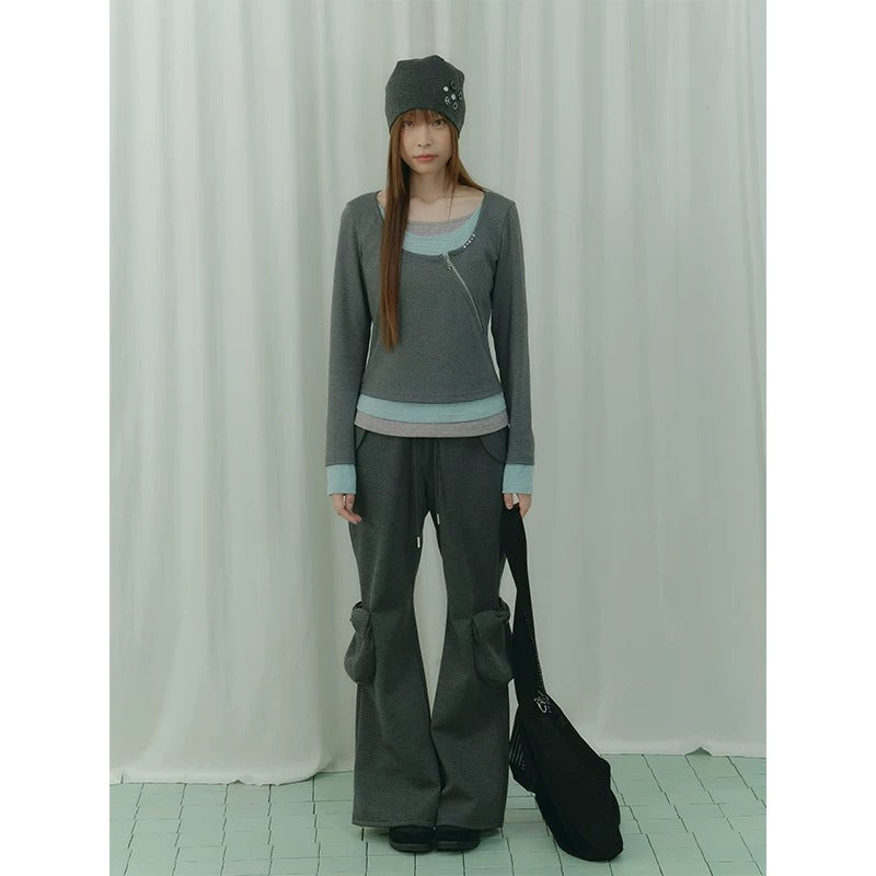 Triple-Layer Polka Dot Asymmetric Zip Long Sleeve Top
