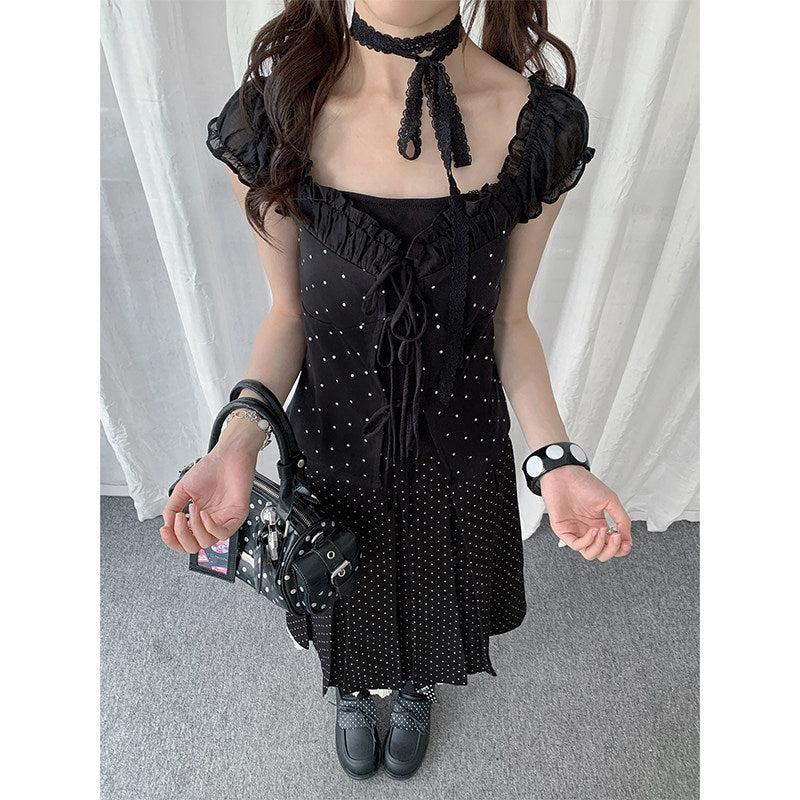 Polka Dot Lace-Up Puff-Sleeve Layered Top