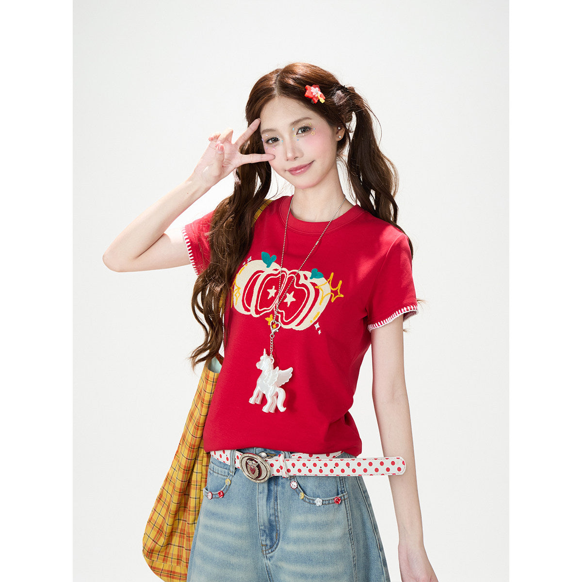 Apple Star Graphic Baby Tee & Denim Bermuda Pants