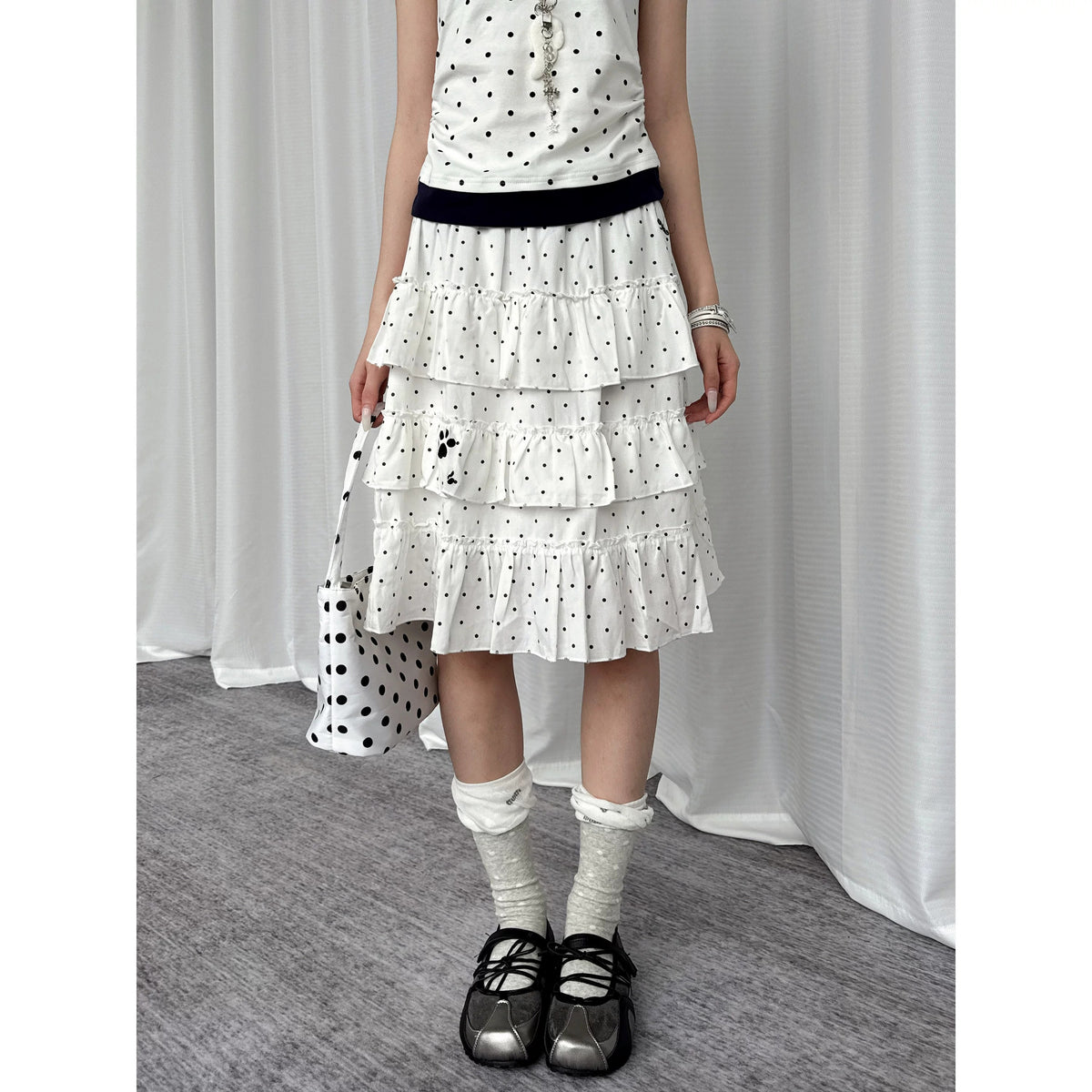 Paw Embroidered Polka Dot Tiered Midi Skirt