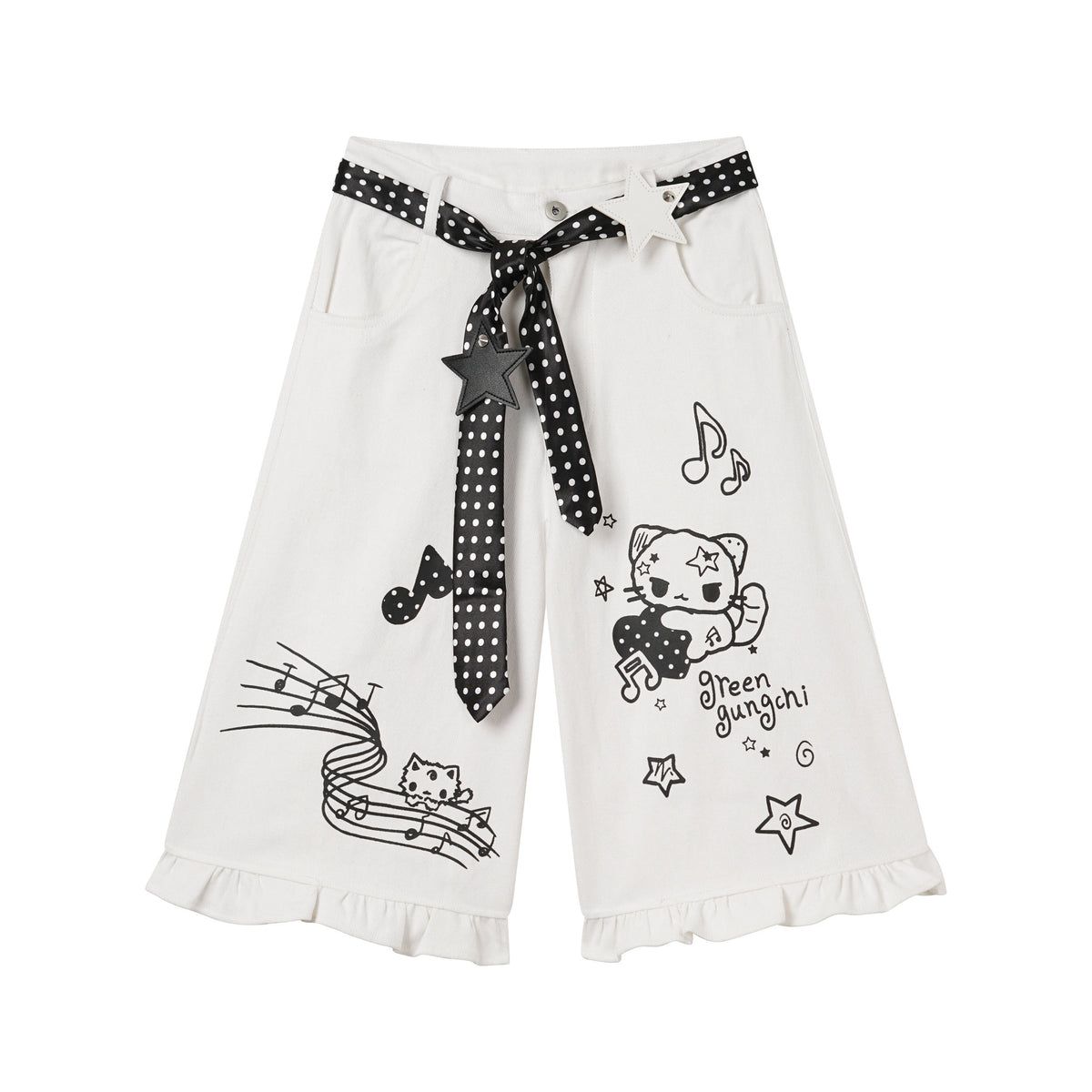Music Cat Ruffle Capri Jeans with Star Belt