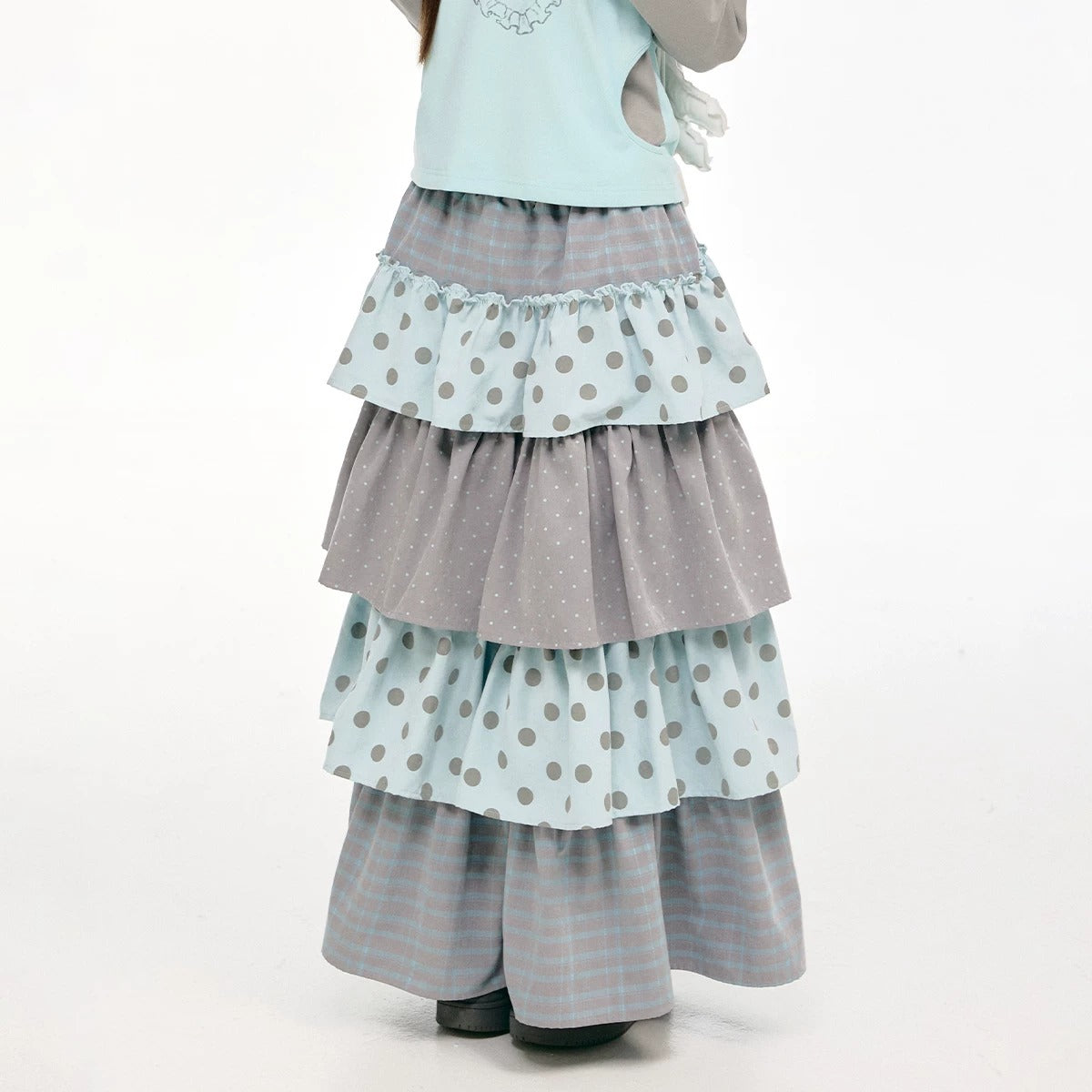 Gray-Blue Polka Dot Tiered Maxi Skirt