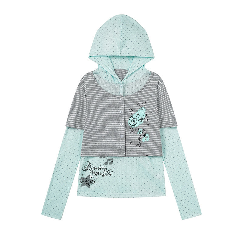 Mint Melody Faux-Layer Hooded Long-Sleeve Top