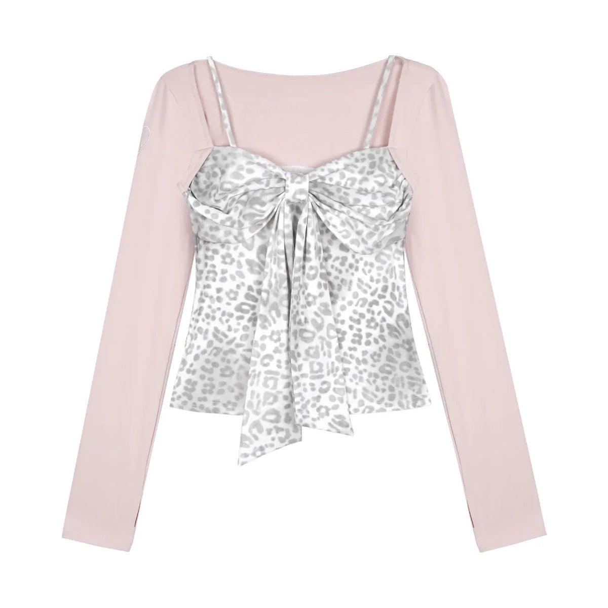 Pink Leopard Bow Faux-Layered Long-Sleeve Top