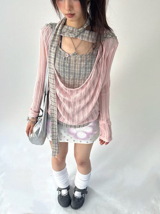 Dusty Pink Plaid Cowl-Neck Layered Top