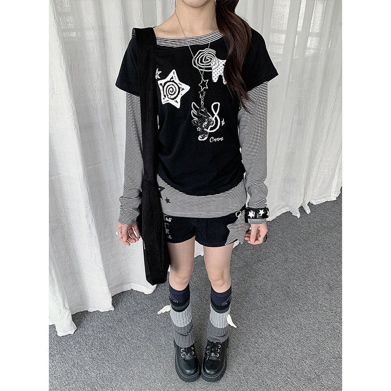 Music Star Faux-Layered Long Sleeve Top