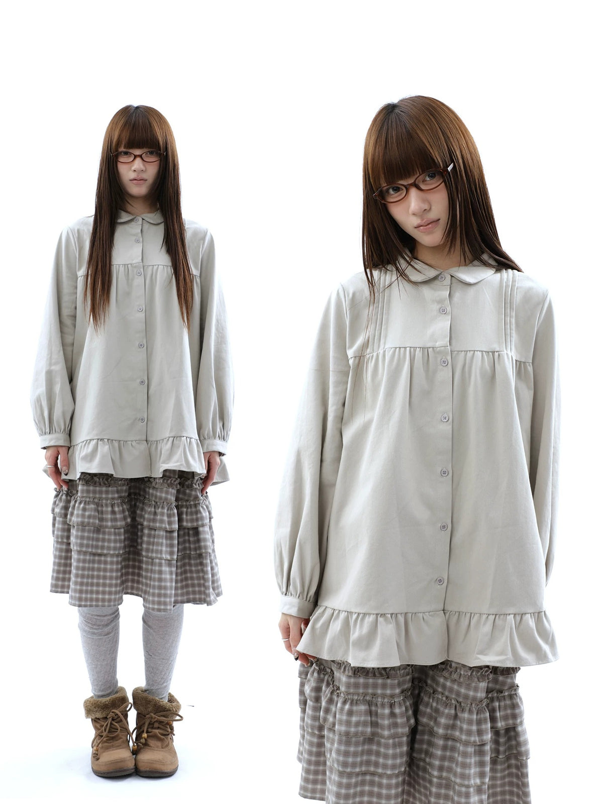 Pleated Ruffle Hem Button-Up Long Sleeve Blouse