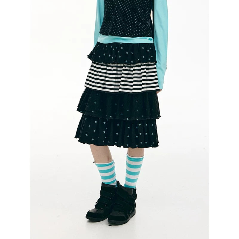 Star Stripe Tiered Ruffle Midi Skirt