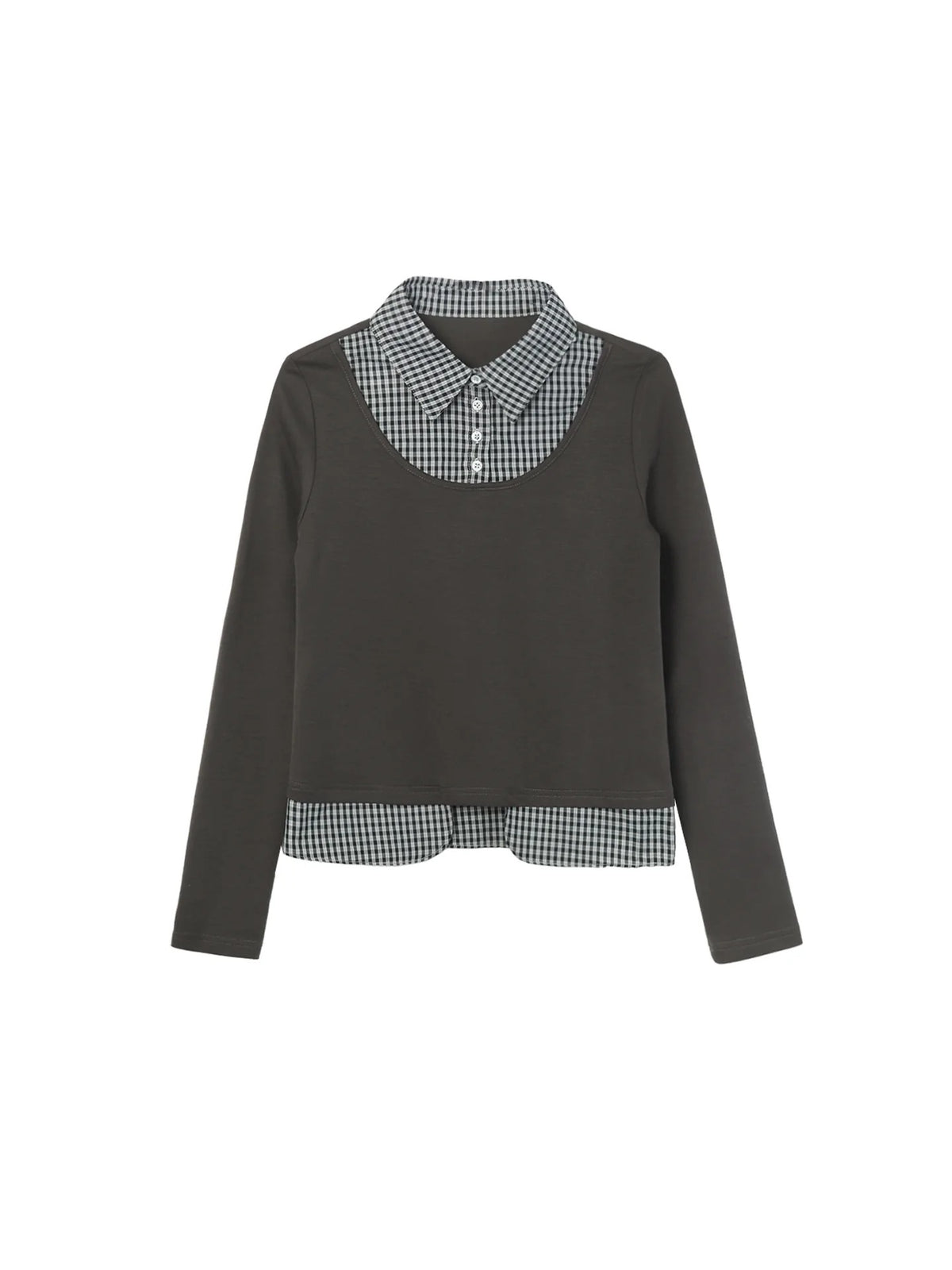 Plaid Collar Faux-Layer Long Sleeve Top