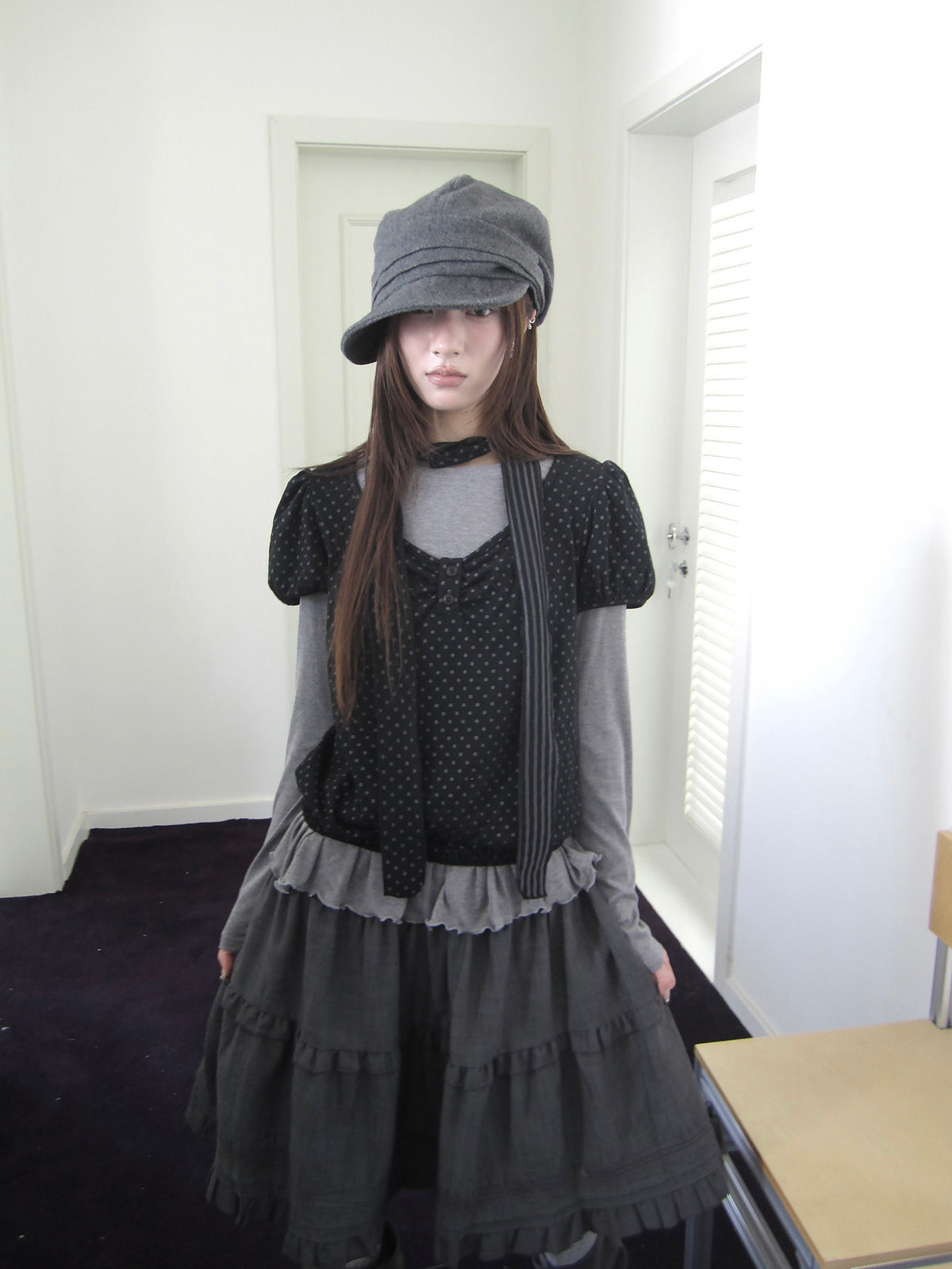 Polka Dot Layered Two-Piece Top Set with Scarf