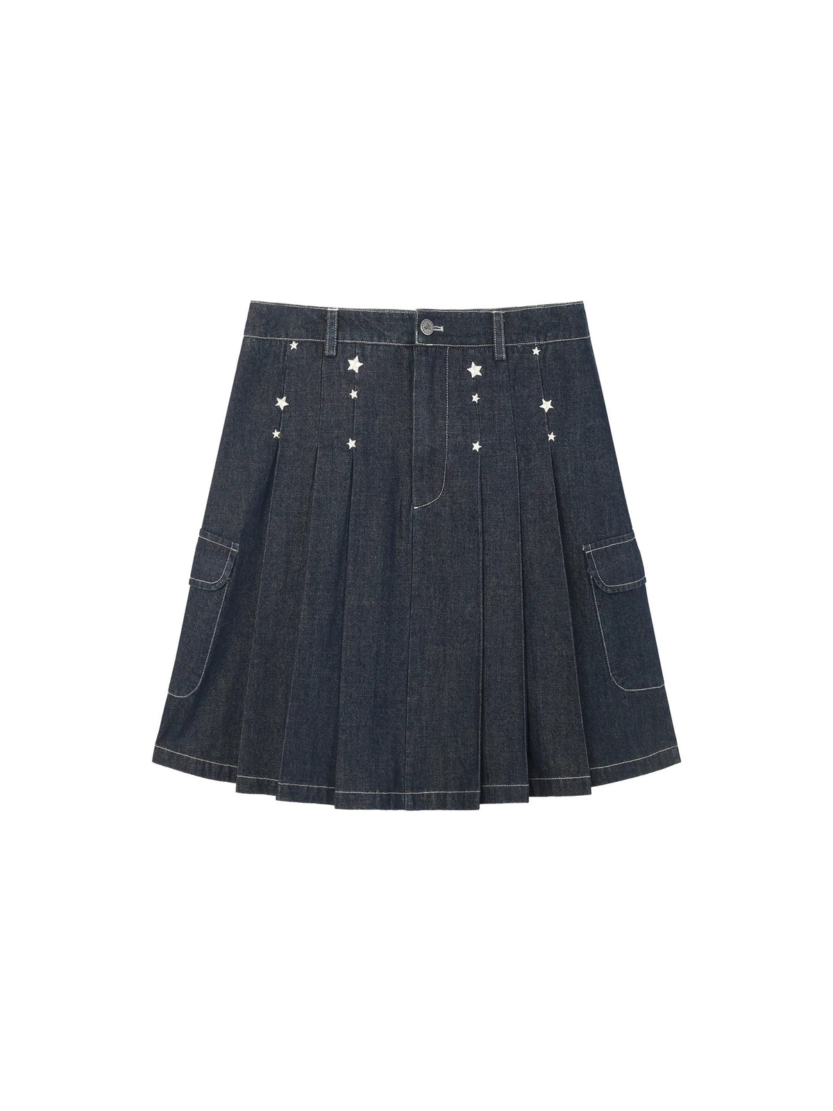 Embroidered Star Pleated Denim Midi Skirt