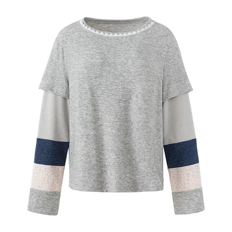 Lace-Trim Patchwork Faux-Layered Long Sleeve Top