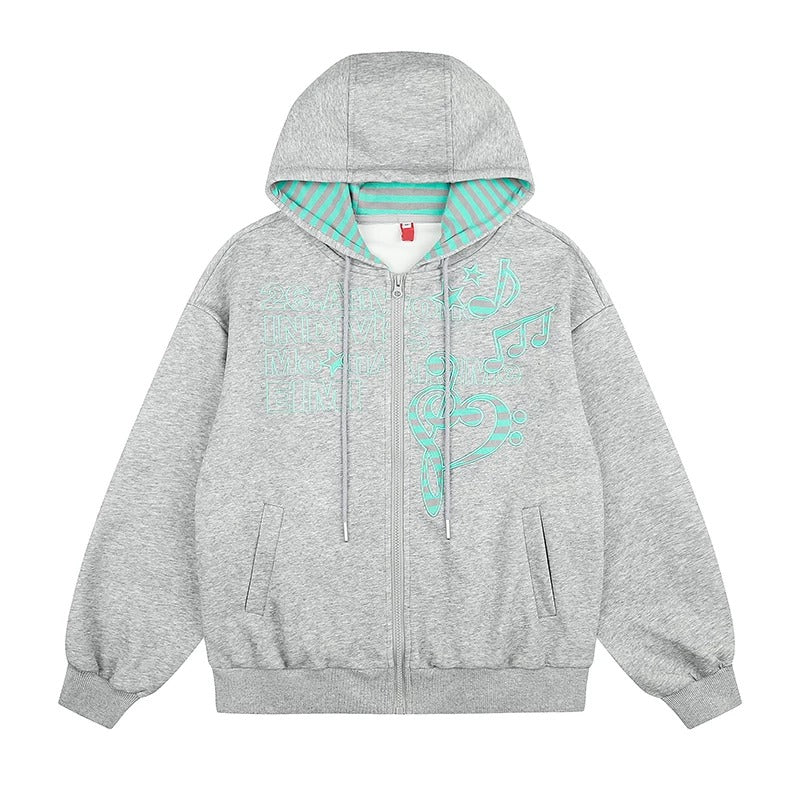 Music Note Embroidered Zip-Up Hoodie