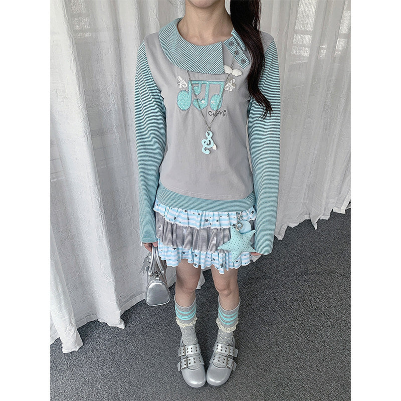 Music Note Embroidered Faux-Layered Long Sleeve Top