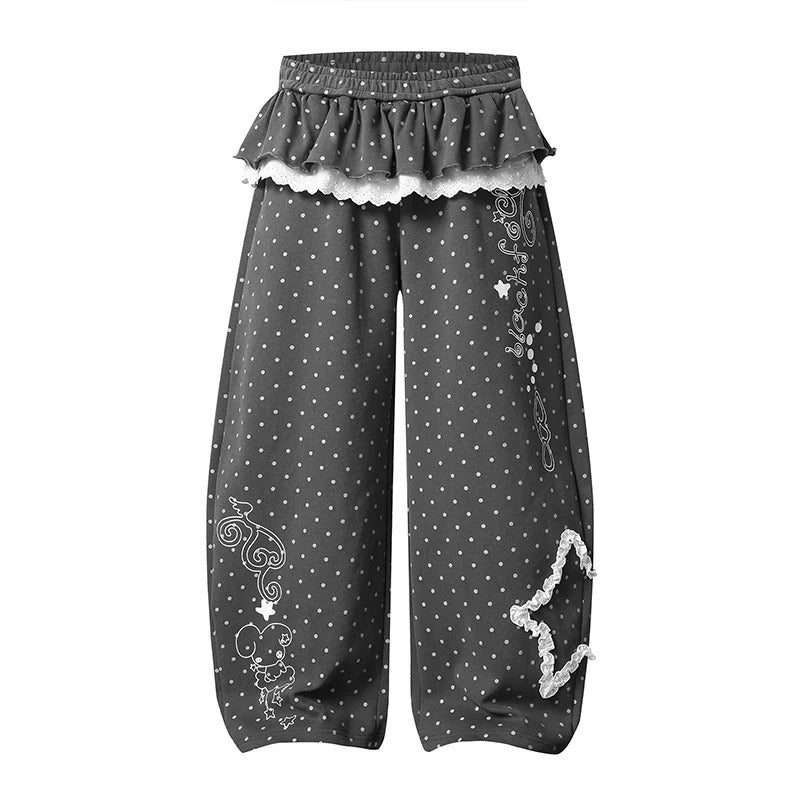 Polka Dot Lace Ruffle-Layer Wide-Leg Pants