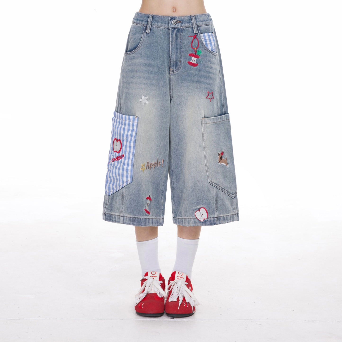 Apple Plaid Cropped Wide-Leg Jeans