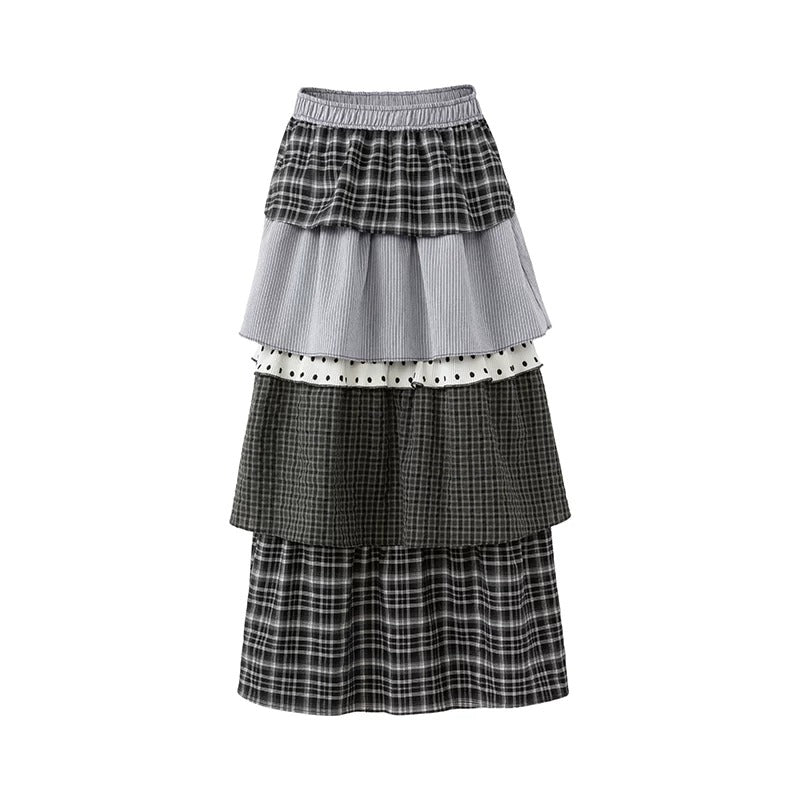 Mixed Plaid Tiered Patchwork Midi Skirt
