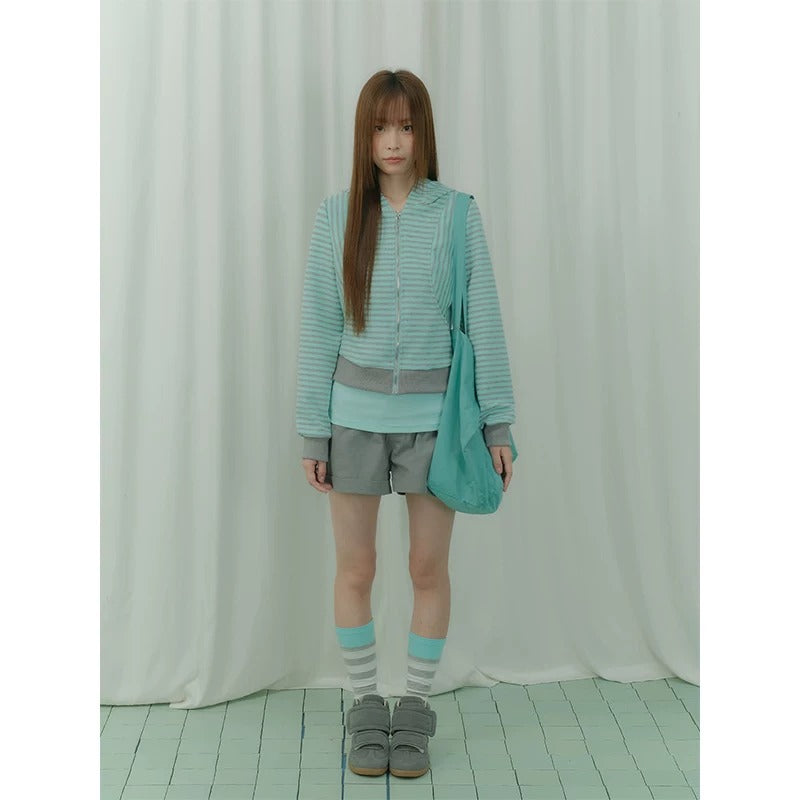 Mint Stripe Devil-Horn Zip-Up Hoodie