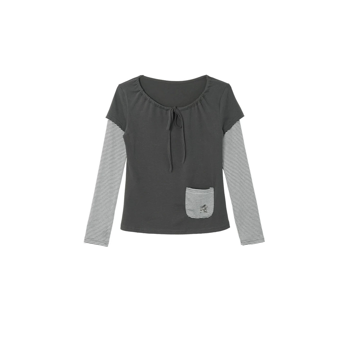 Tie-Neck Striped Faux-Layer Long Sleeve Top