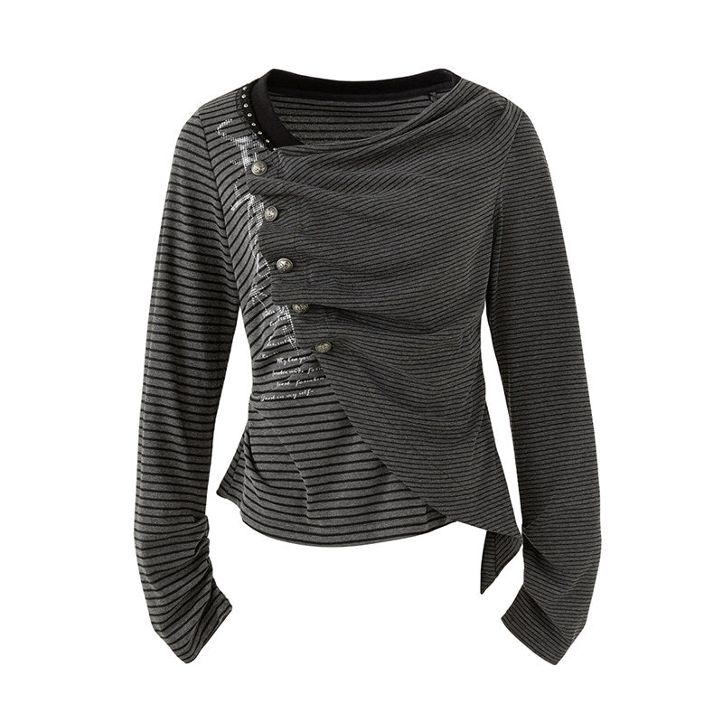 Charcoal Stripe Studded Draped-Neck Long-Sleeve Top