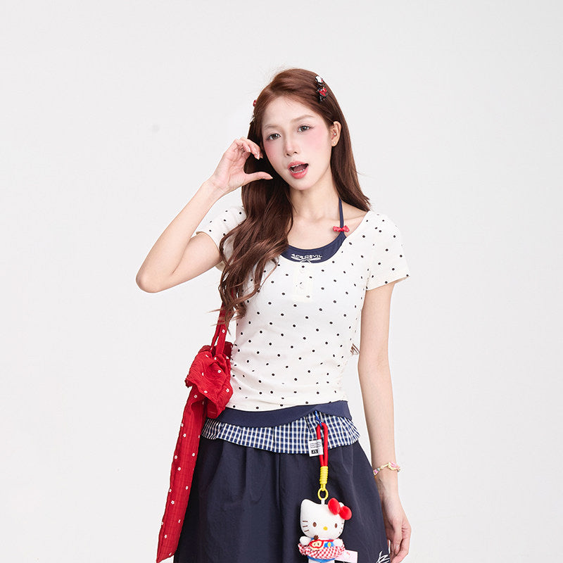 Polka Dot Baby Tee & Navy Wide-Leg Pants