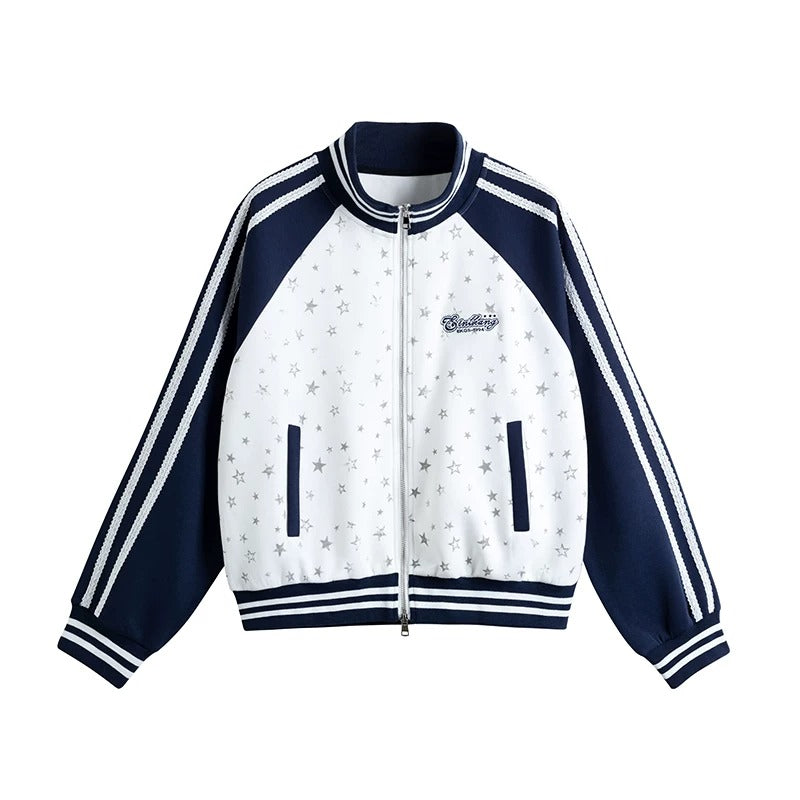Star Print Contrast Zip-Up Track Jacket