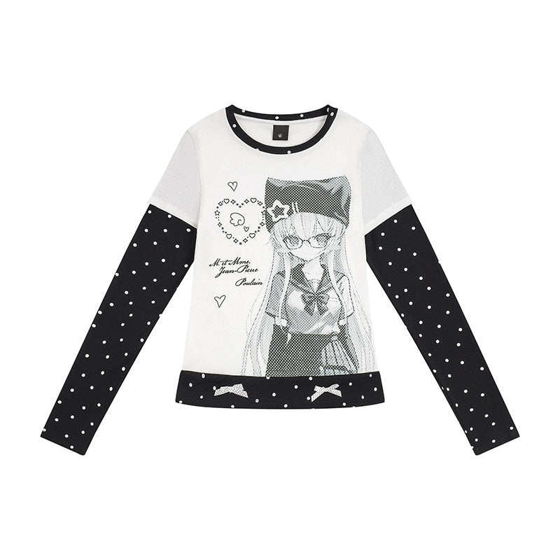 Polka Dot Faux-Layer Girl Graphic Long Sleeve Tee
