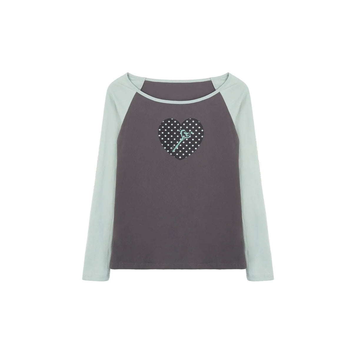 Polka Dot Heart Key Contrast Raglan Long Sleeve Tee