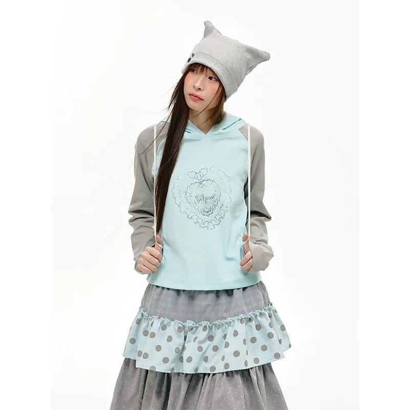 Mint Heart Contrast Hooded Long Sleeve Top